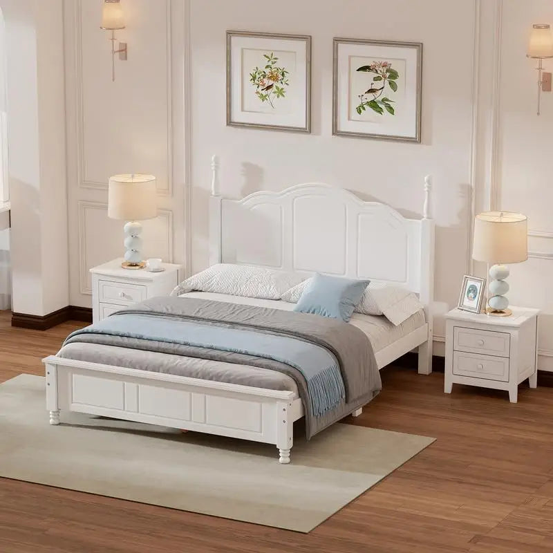 Full Size Wooden Platform Bed , White 3-Piece Bedroom Set