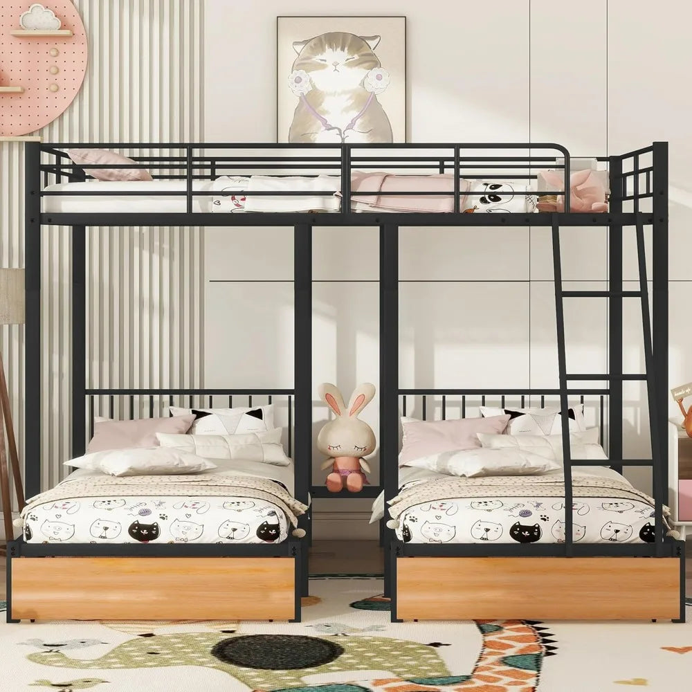 Sturdy Metal Triple Deck Bunk Bed, Full-Size Top with Twin Beds Below, Storage Drawers Included, 3-Bed Configuration/Convertible