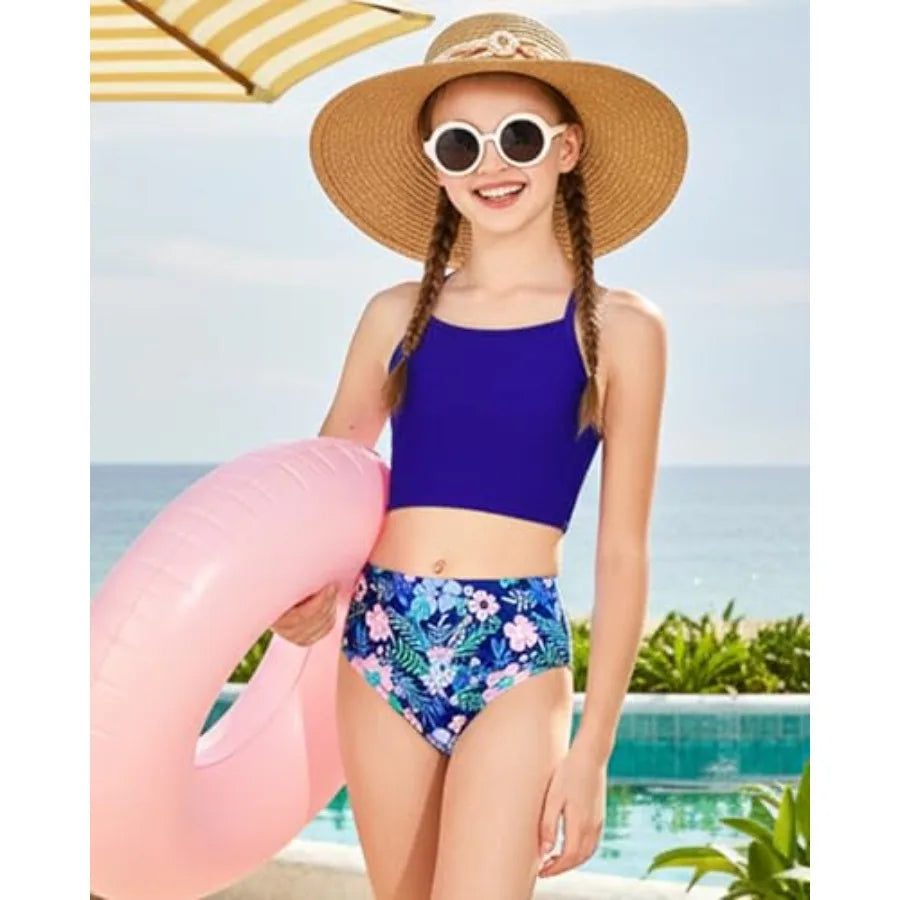 Mioglrie Girls Swimsuit 2 Pcs Bikini Set Tiered Ruffled Bathing Suit Floral Print Adjustable Straps Girls' Swimwear