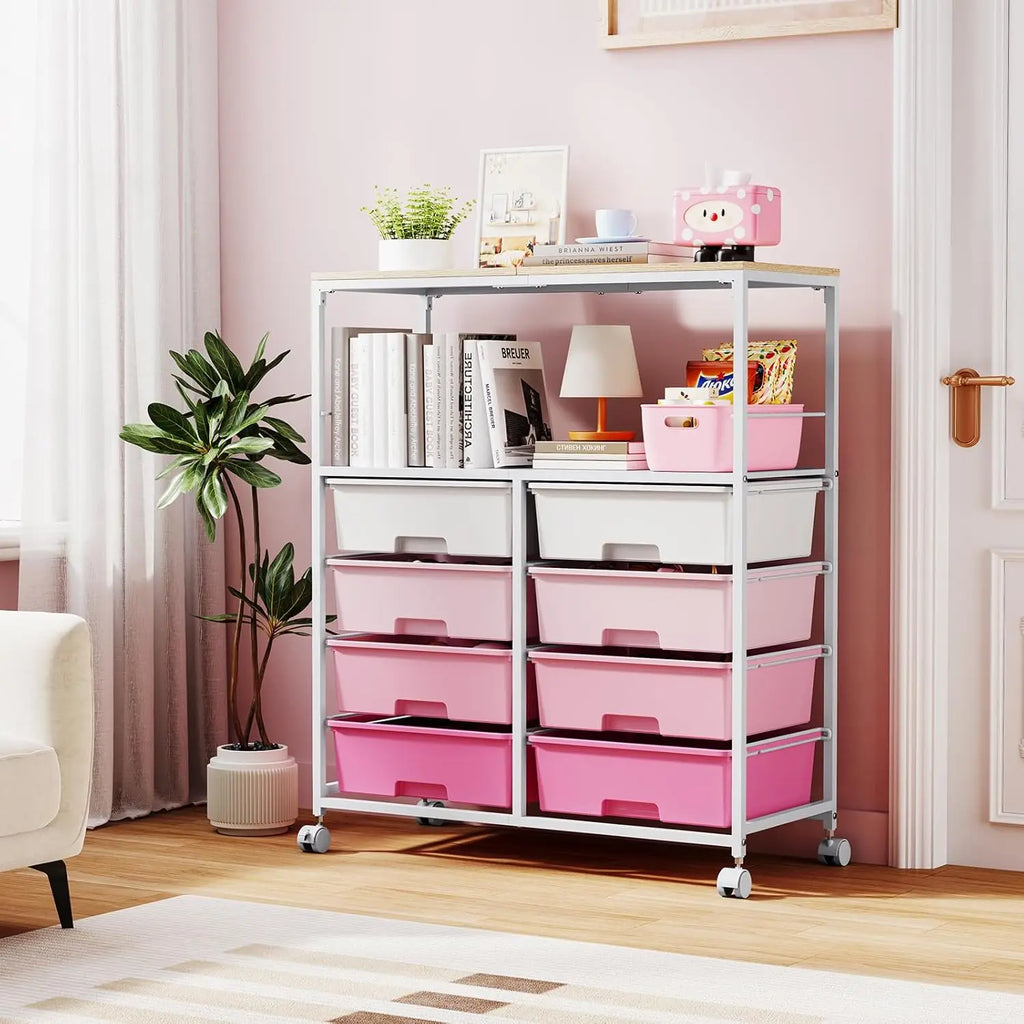 8 Drawers Rolling Storage Cart with Wooden Top, Multipurpose Utility Cart with Opening Shelf & Lockable Wheels