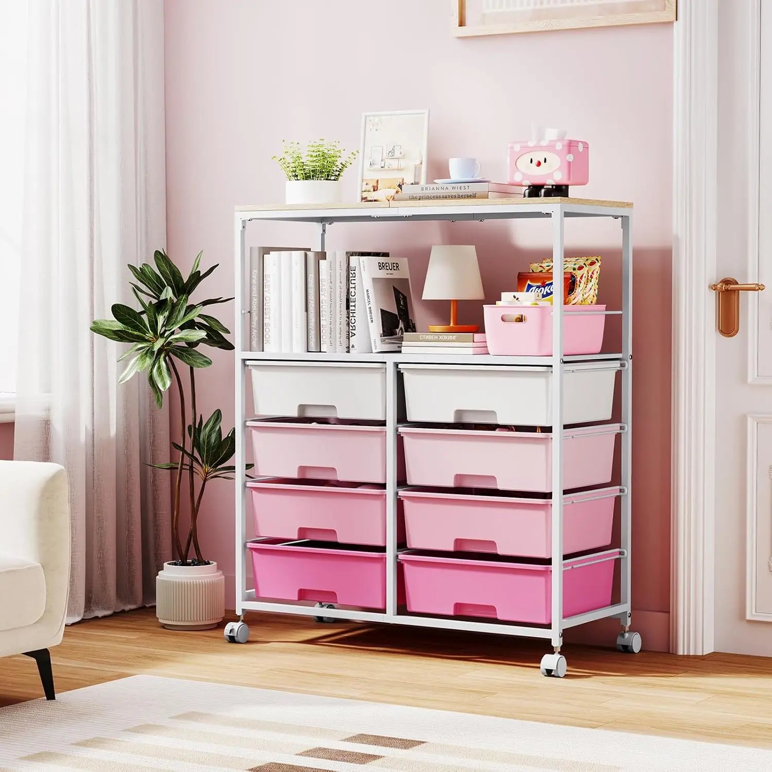8 Drawers Rolling Storage Cart with Wooden Top, Multipurpose Utility Cart with Opening Shelf & Lockable Wheels