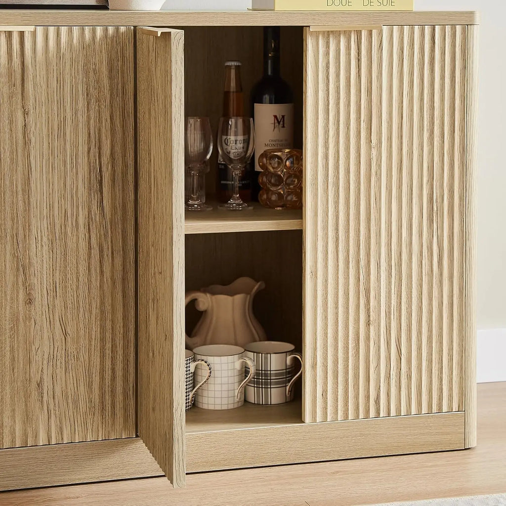 67" Fluted Oak Buffet Cabinet Sideboard with Storage, Large Credenza with 6 Doors, Wood Mid Century Modern Sideboard