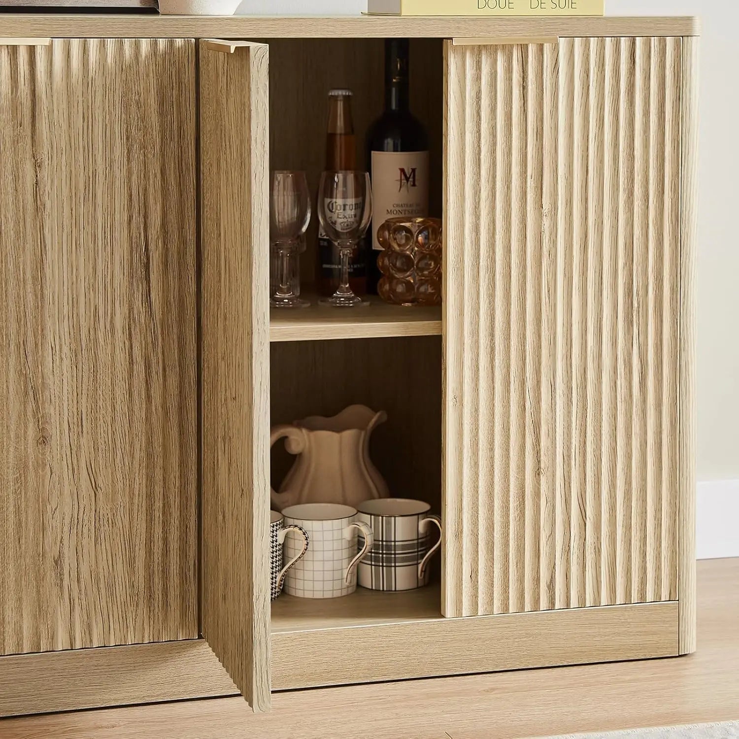 67" Fluted Oak Buffet Cabinet Sideboard with Storage, Large Credenza with 6 Doors, Wood Mid Century Modern Sideboard