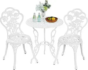 3-Piece Outdoor Bistro Set w/Rose Design, Rust-Resistant Cast Aluminum Table and Chairs w/Umbrella Hole for Balcony/Backyard