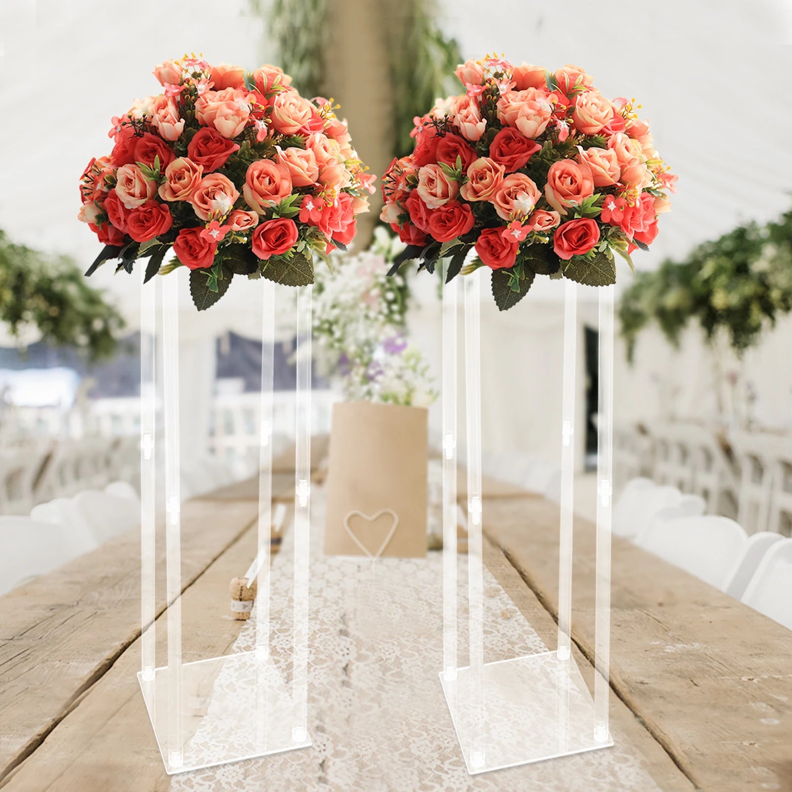 2PCS Acrylic Clear Wedding Flower Stand 100cm Wedding Geometric Flower Vase Column Stand for Wedding Party Table Centerpiece