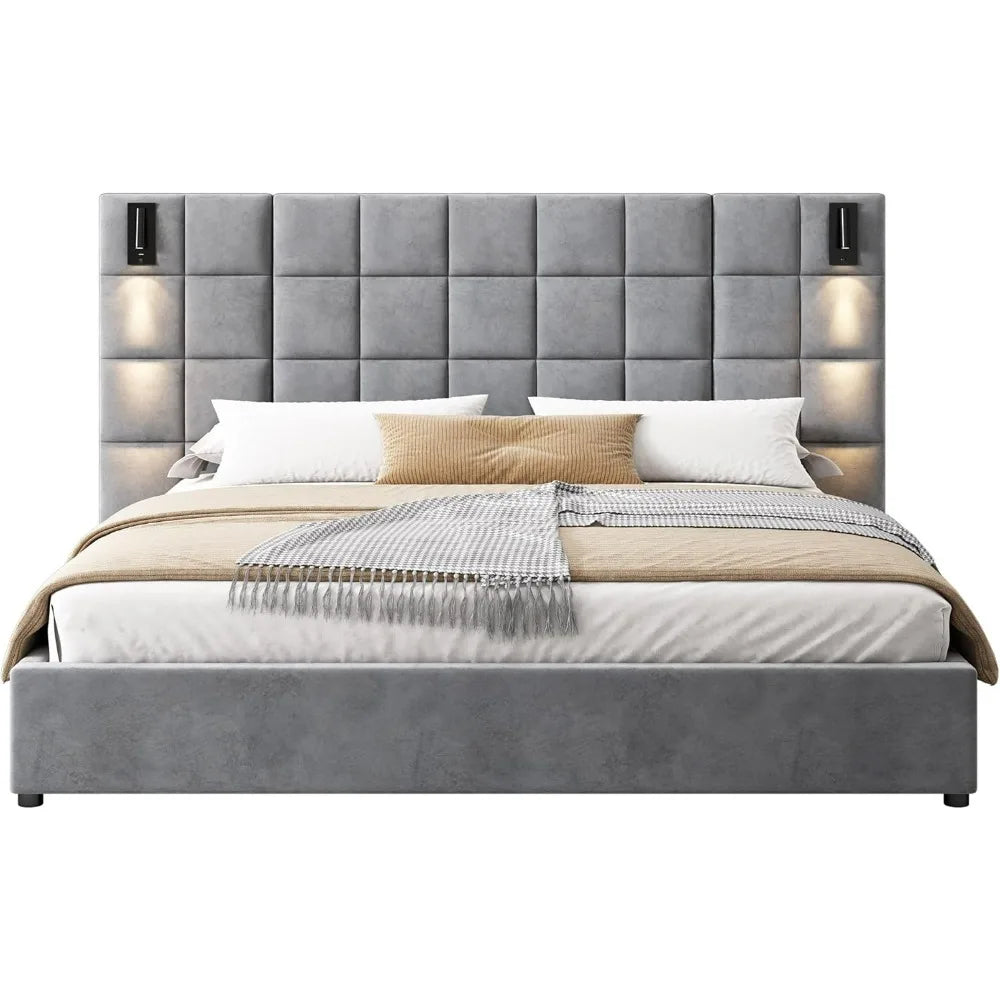 King-Size Upholstered Bed with Reading Light and USB Charging, Velvet Headboard, Grey (No Side Tables or Mattress Included)