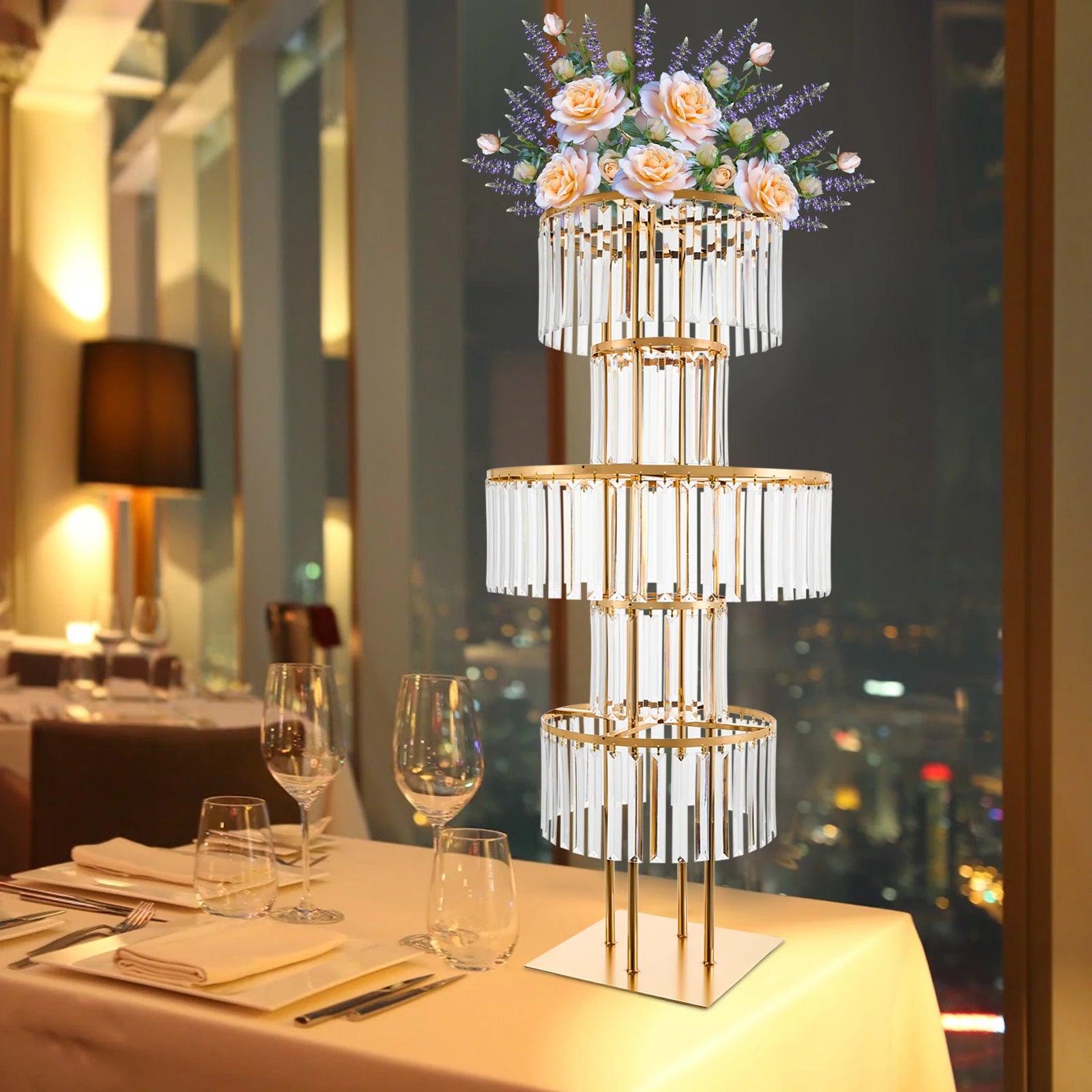5 Tiers Iron Wedding Flower Stand/Acrylic Crystal Table/ Floor Centerpiece/ Decor Free Standing Floral Vase /Rack Gold, for Party/ Hotel Banquet