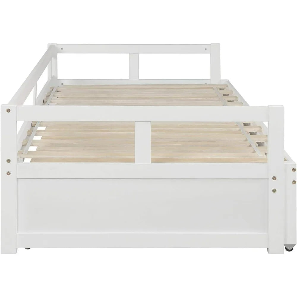 Expandable Daybed with Trundle Drawer, Twin to King Size Conversion, Solid Pine Wood Bed with Slats