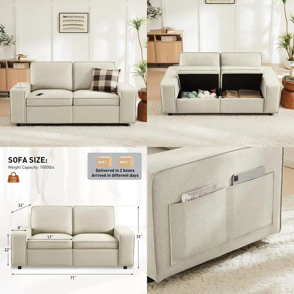Modern 2-Seat Sofa with Storage, Side Pockets, and USB Charging Ports for Living Room and Office