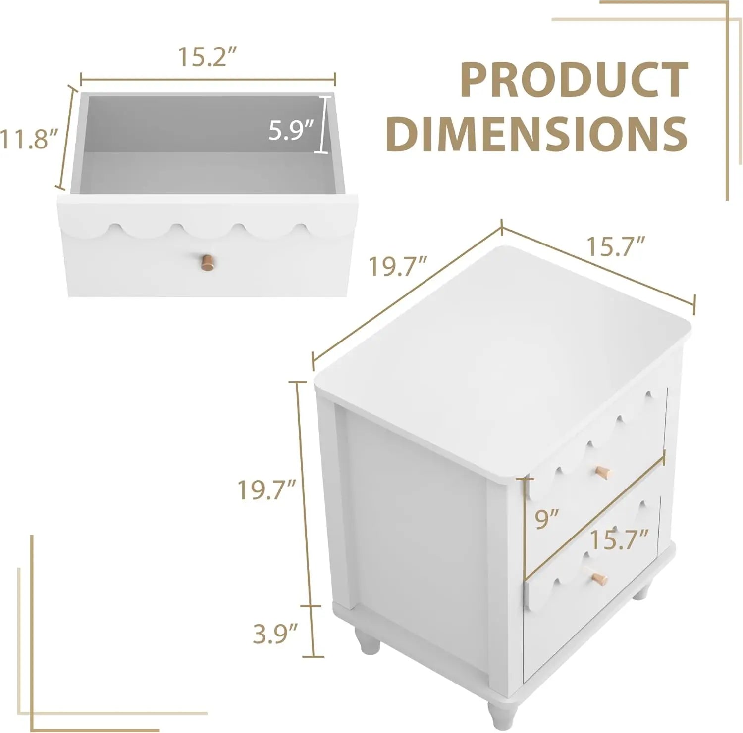 Nightstand Side End Table with 2 Drawers, Modern Wood with Petal Pattern for Bedroom
