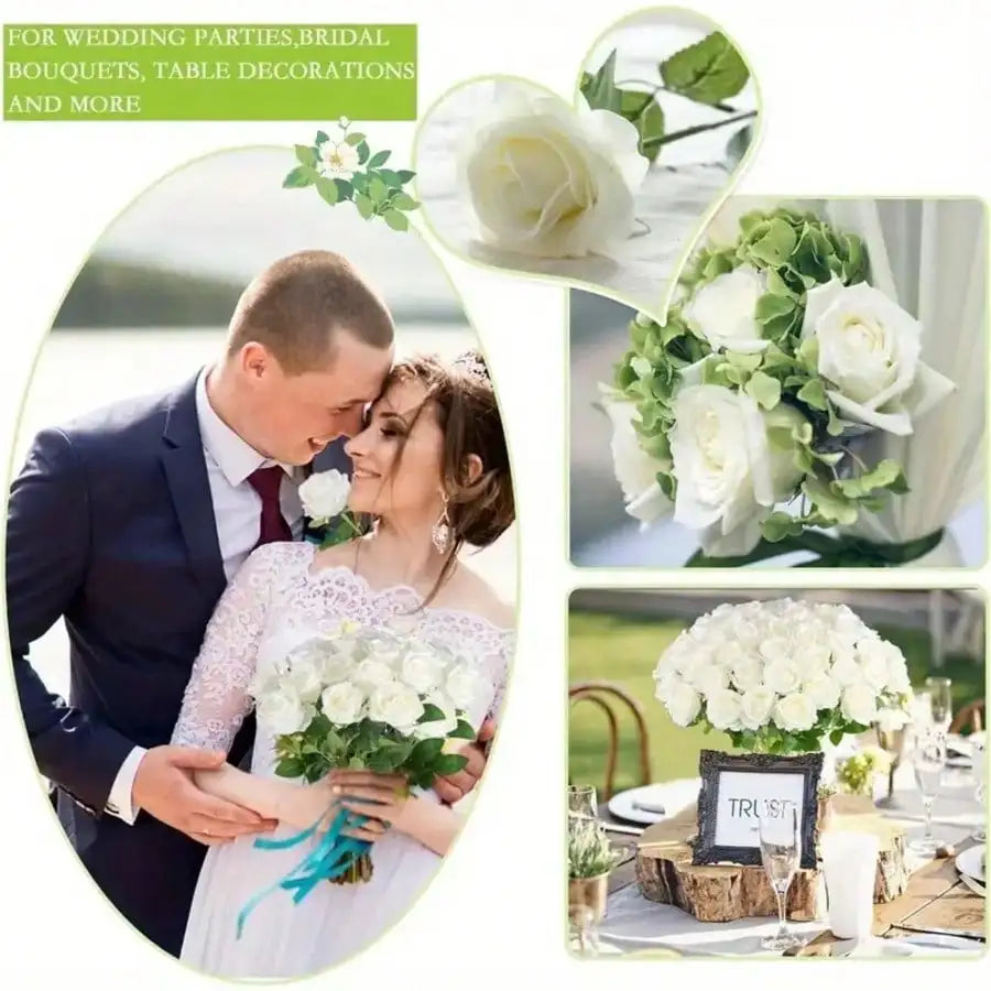 50/25/5 Pcs White Artificial Roses With Stems & 6 Corner Leaves, Realistic Fake Rose Flowers, DIY Wedding Bouquet, Bridal Gift, Table & Home Decor, Elegant Floral Arrangements, No Vase Needed