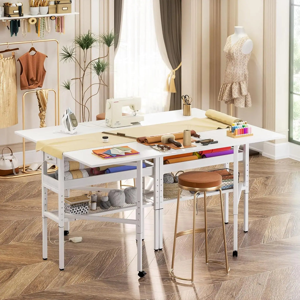 Sewing Cutting Table with Charging Station, Height Adjustable Craft Table with Storage, 50" Foldable Fabric Cutting Tables