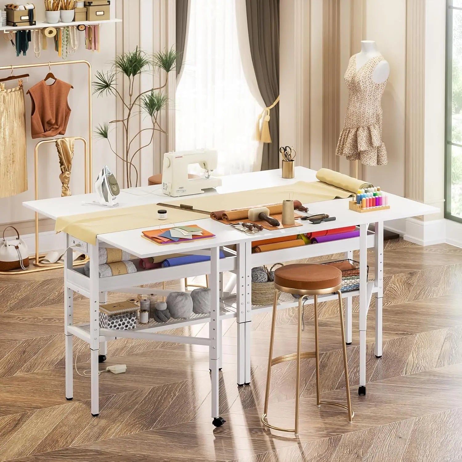 Sewing Cutting Table with Charging Station, Height Adjustable Craft Table with Storage, 50" Foldable Fabric Cutting Tables
