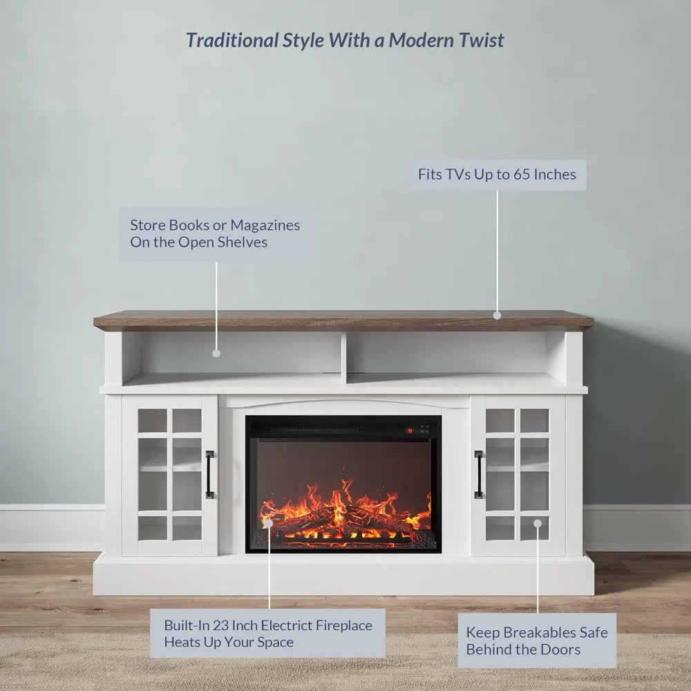 Traditional 58" Rustic TV Stand with 23" Electric Fireplace Heater with Sound, Media Entertainment Center Console Table for TV