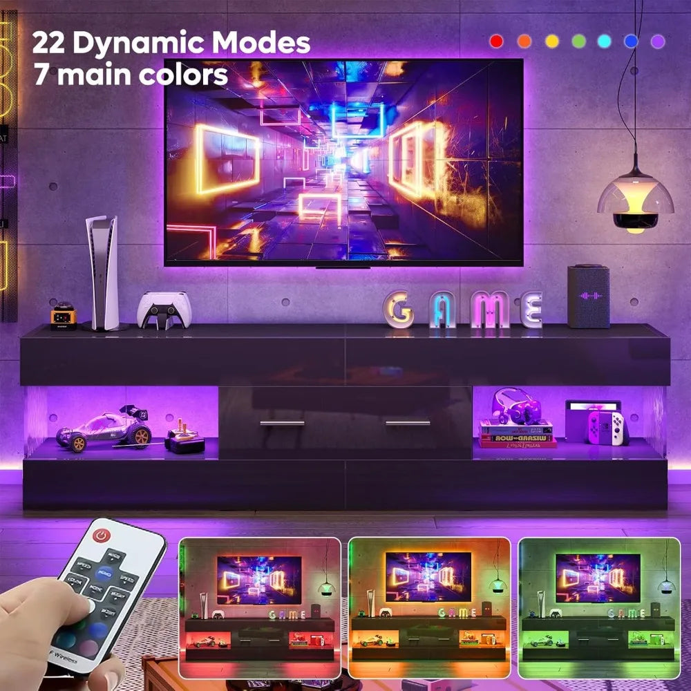 TV Stand for 55/60/65" TV, High Gloss Modern TV Stand with Stone-Patterned Side Panels, LED Entertainment Center