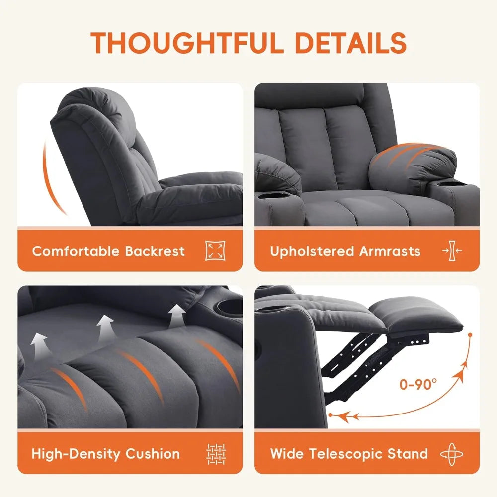 Adults Plush Swivel Recliner Chair: Oversized Manual Glider with Massage, Heat, and Cozy Fabric