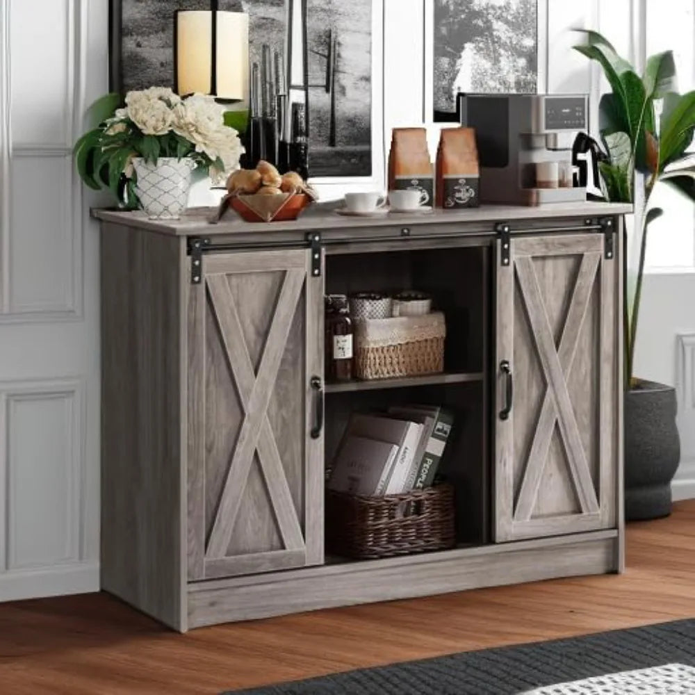 Farmhouse Coffee Bar Cabinet with Sliding Barn Door, 42” Coffee Bar Table with Adjustable Shelves, Buffet Cabinet with Storage