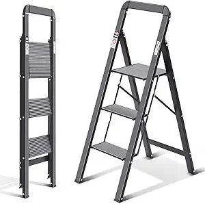 Customizable-Aluminum 3 Step Ladder, Lightweight Step Stool With Non-Slip Pedals, Handrail, 330 LBS Foldable Step Ladder