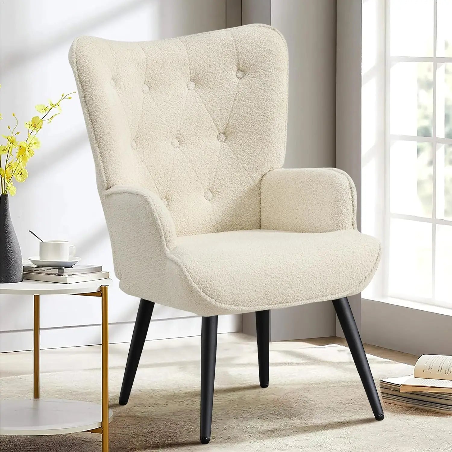 Boucle Accent Chair for Living Room, Upholstered Reading Chair with High Backrest, Tufted-Button Wingback Armchair