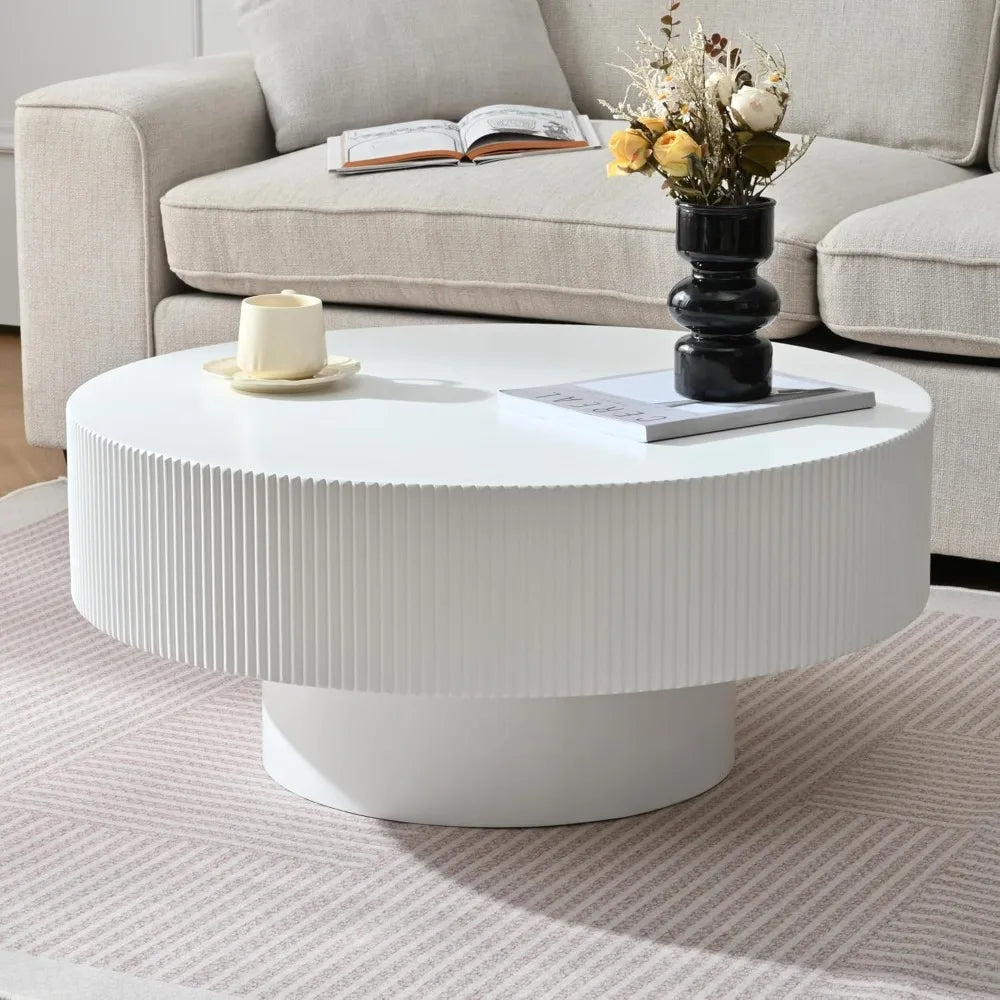 31.5 Inch Round Drum Coffee Table, Modern Handcraft Fluted Drum Coffee Table, Wooden Round Coffee Table Center Table/ Cocktail Table