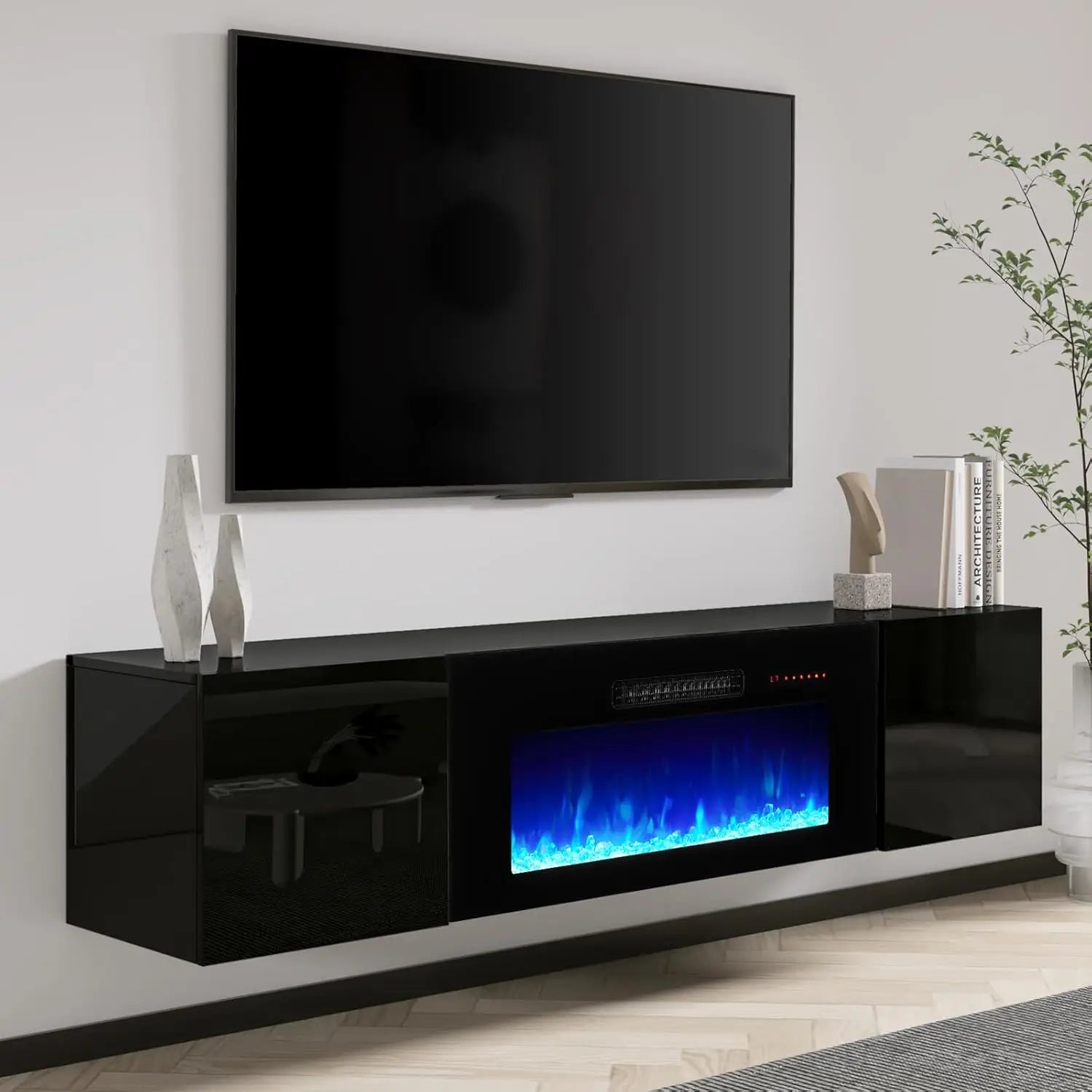 Floating TV Stand with 36" Electric Fireplace, High Gloss Finish Wall Mounted Fireplace Entertainment Center with Storage for TV
