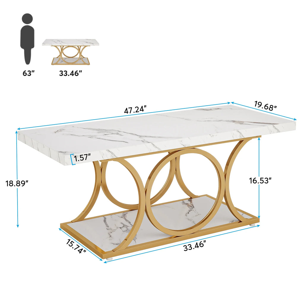 Rectangle Coffee Table, 2-Tier Faux Marble Wood