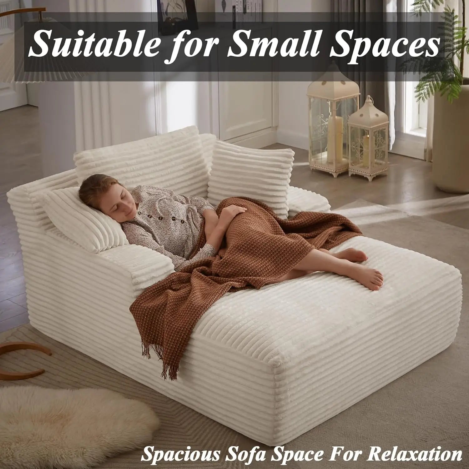 Oversized Chaise Lounge Chair with 3 Comfy Pillows for Living Room/ Bedroom, Wide Arms/ Corduroy Fabric/ High-Density