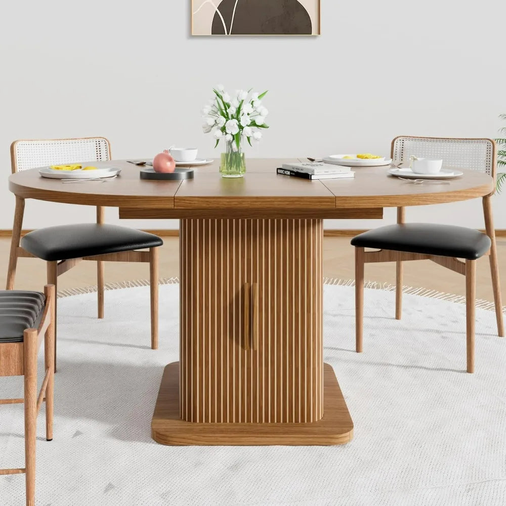 Expandable Oval Dining Table for 4-6-8 People, 59" Kitchen Table with Storage, Wooden Sliding Door, Contemporary Oval Design