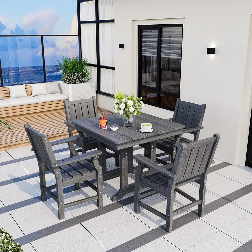 5 PCS Outdoor Dining Set, Spacious Outdoor Table and Chairs, Wood Grain Patio Dining Sets with Elegant Armrest