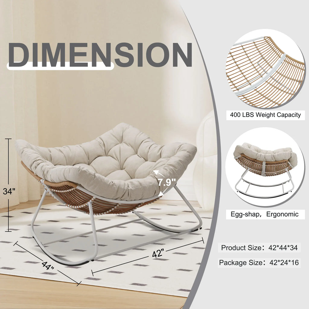 Outdoor Rocking Chair, Patio Wicker Egg Chair, Indoor Comfy Oversized Papasan Chair with Padded Cushion for Front Porch, Garden
