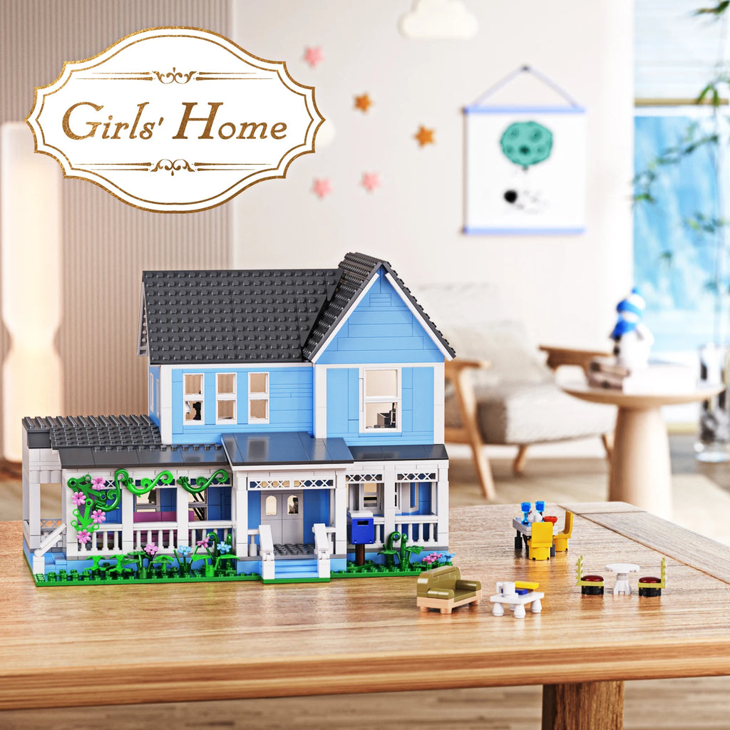 Girls House Building Blocks Sets/ Blue Palace Home Decor/ Desktop Ornament /Architecture/ Room Decoration/ Teens/ Adults Gifts