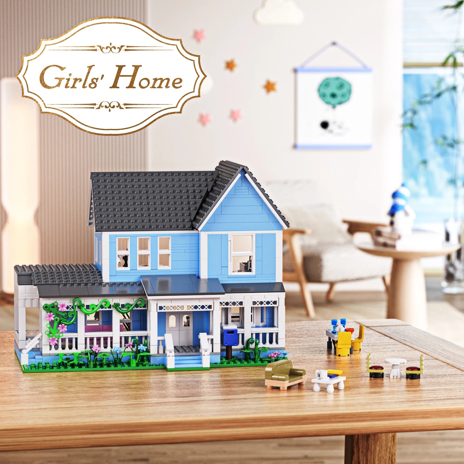 Girls House Building Blocks Sets/ Blue Palace Home Decor/ Desktop Ornament /Architecture/ Room Decoration/ Teens/ Adults Gifts