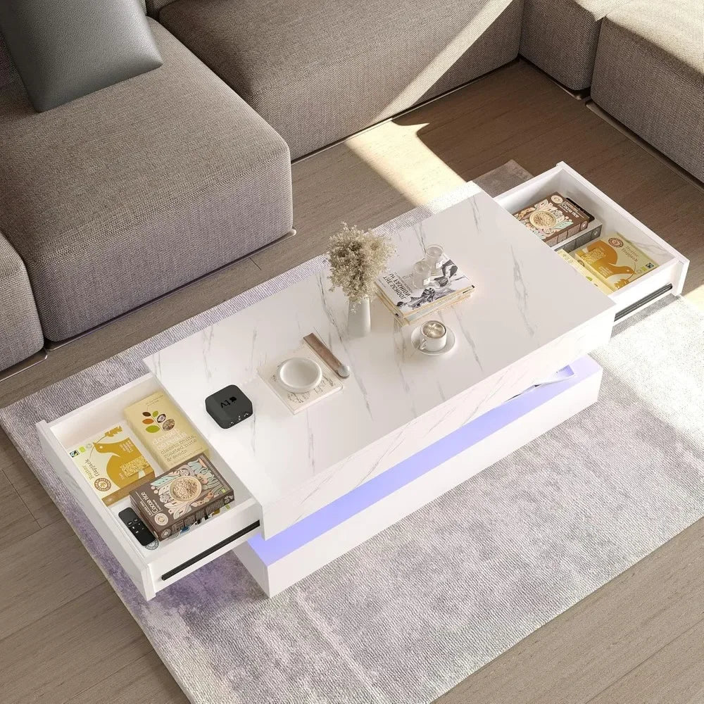 LED Coffee Table with Storage Drawers, Modern High Gloss Coffee Table  LED Lights,  Rectangle Center Table