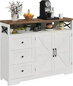 Farmhouse Buffet Cabinet with Drawers & Open Shelf, Sideboard with Storage, Kitchen Pantry Cabinet Hutch, Coffee Bar/Drinks