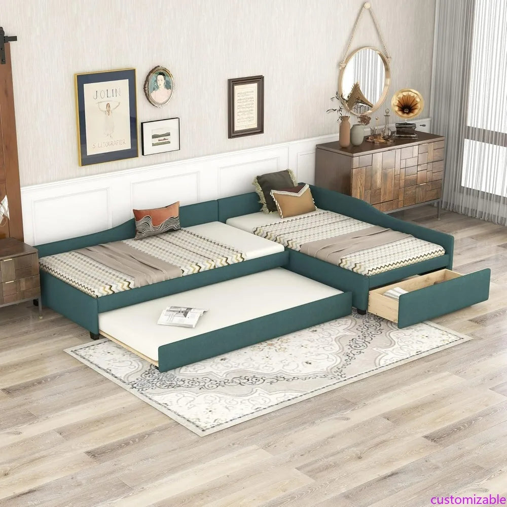 Green Twin Daybed with Upholstered Trundle and Storage for Teens