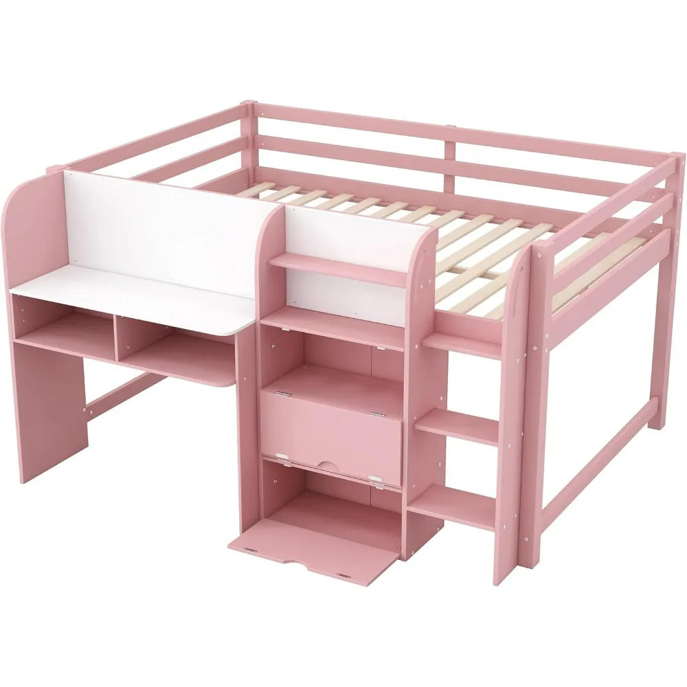 Modern Farmhouse Style Kids Full Size Low Loft Bed with Desk, Storage, and Bookcase