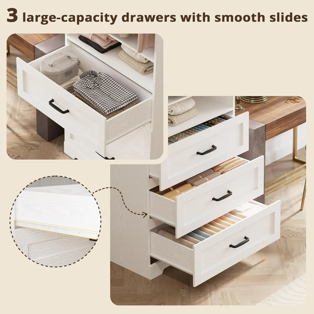 Freestanding Closet System with Wood Drawers, Adjustable Shelves, and Hanging Rod