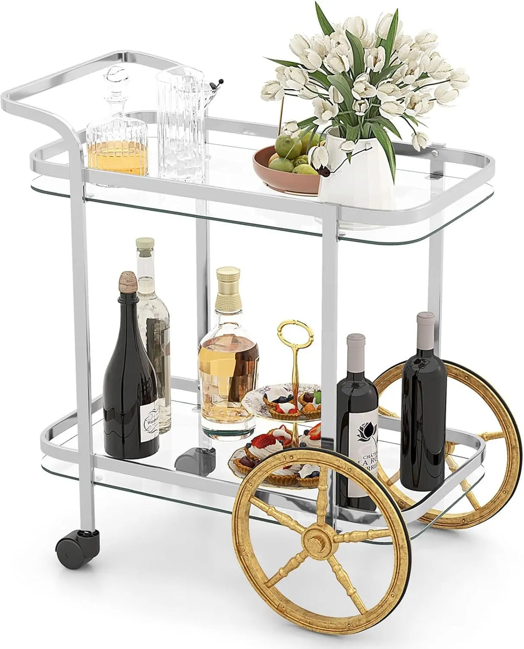 Bar Cart for The Home, 2-Tier Rolling Tempered Glass Serving Cart, 2 Large Gold Aluminum Wheels, Stainless Steel Frame