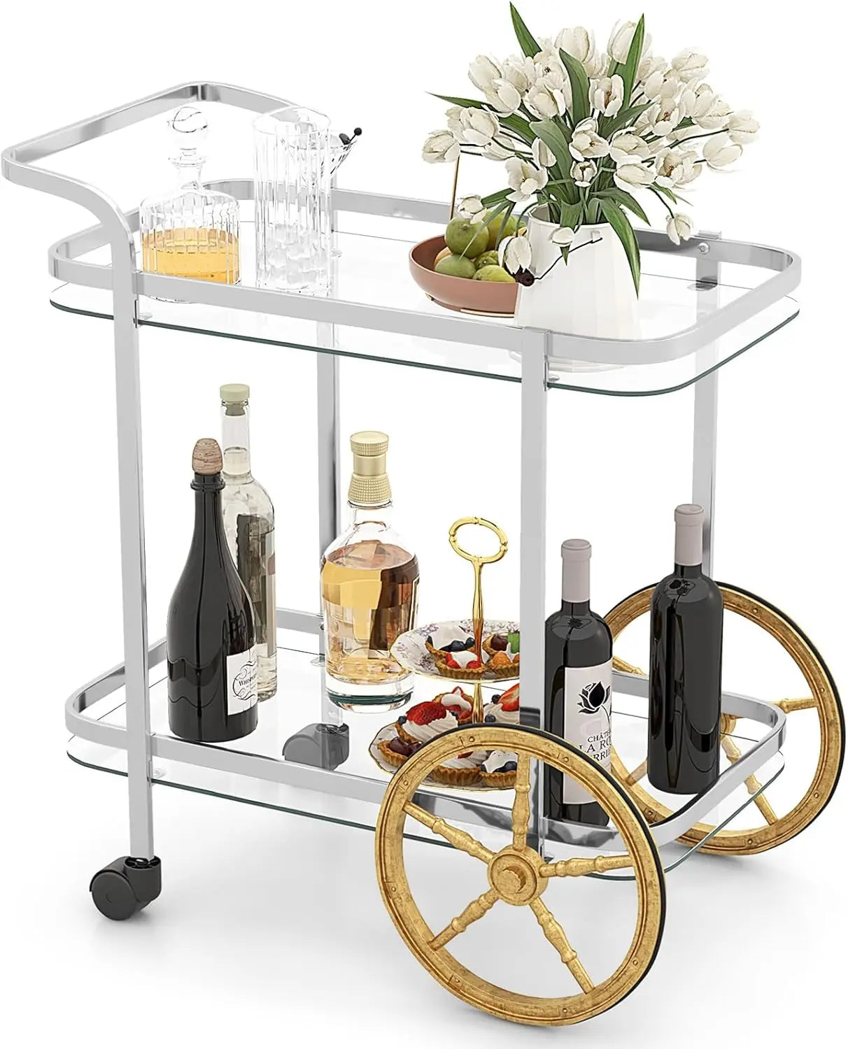 Bar Cart for The Home, 2-Tier Rolling Tempered Glass Serving Cart, 2 Large Gold Aluminum Wheels, Stainless Steel Frame