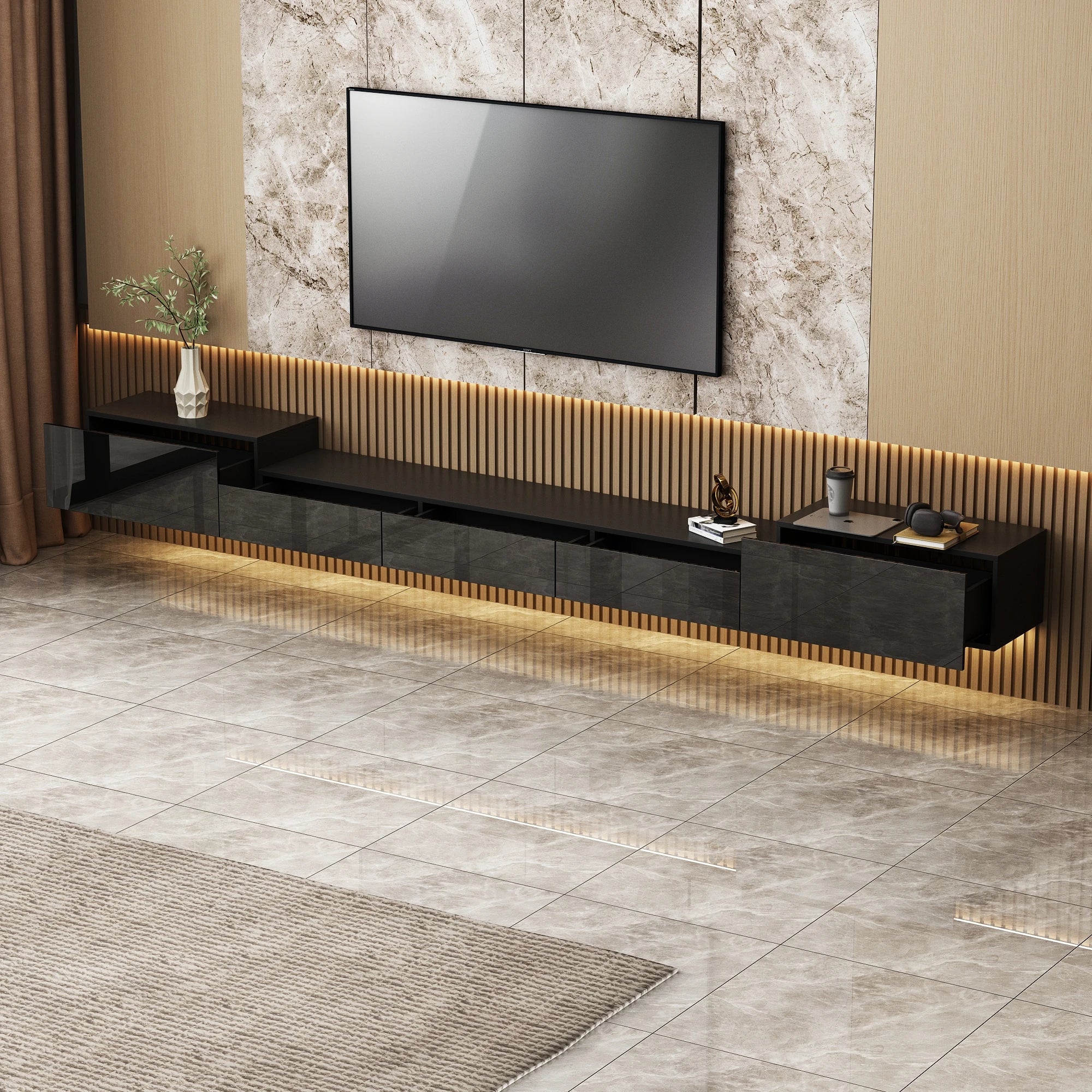 110.2'' L Modern TV Stand with Drawers & LED Lights, Wall-Mounted Media TV Console With Glossy Surface, Black