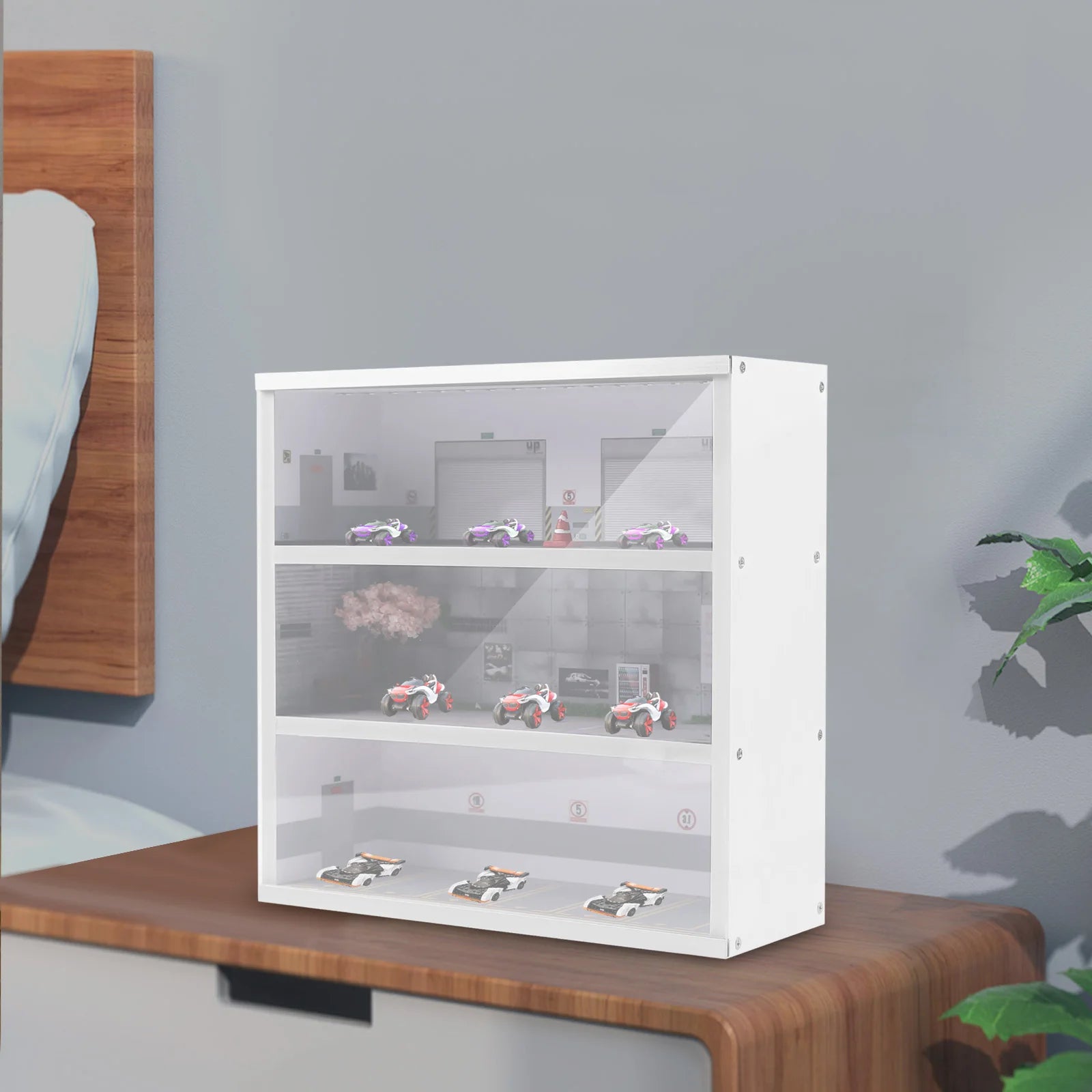 1:64 Simulation Diorama Parking Lot Display Case, 3 Tier 16 Parking Spaces Model Car Display Case with LED Light, Car Parking Lot Model for Diecast Car Collection