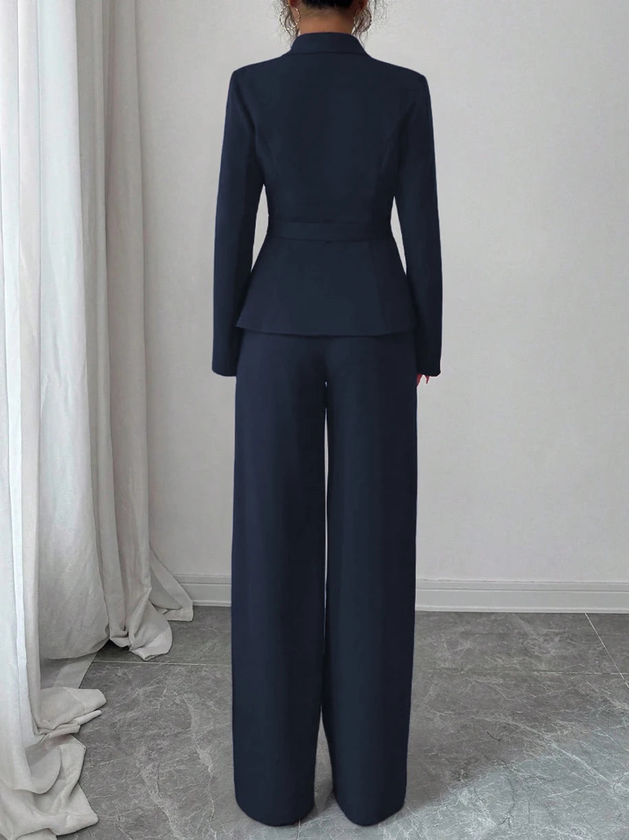 Women's Casual Elegant Solid Color Pocketless Green Collar Long-sleeved Jacket Top and Simple Wide-leg Pants Two-piece Set