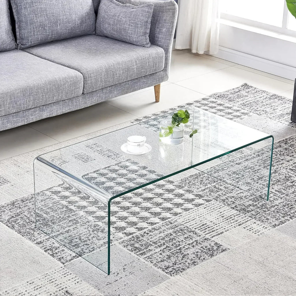 Glass Coffee Table for Living Room, Modern Tempered Decor, Easy to Clean and Safe Rounded Edges Clear Coffee Tables