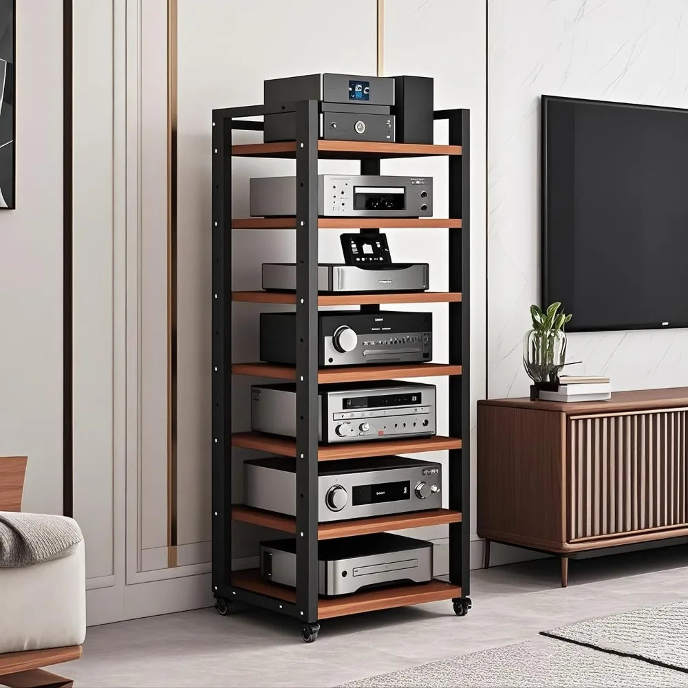 7-Tier Heavy Duty Audio Video Rack, Adjustable Shelves, 360° Wheels, HiFi Stereo Cabinet for Home Office