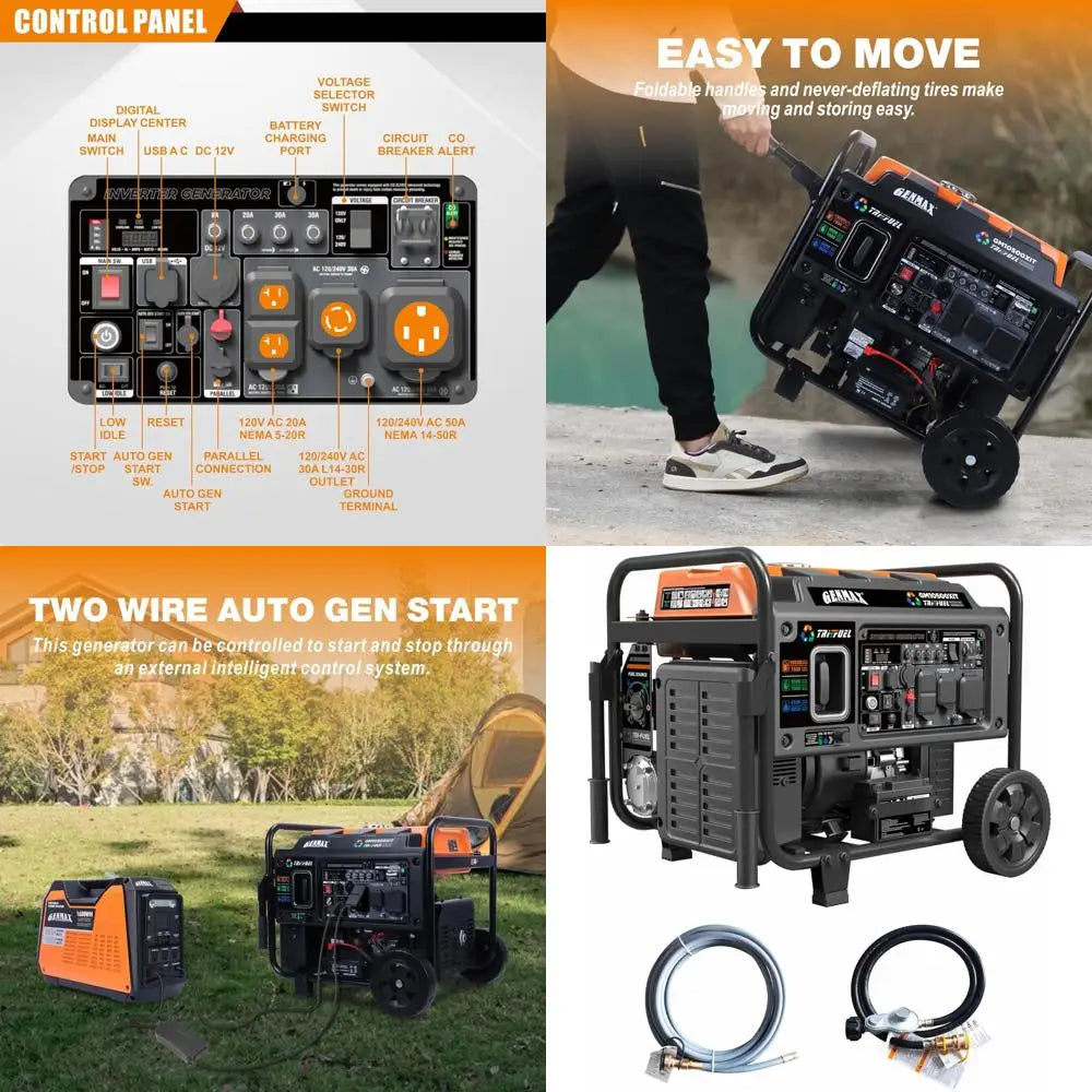 10500 Peak Watt Tri-Fuel Open Frame Inverter Generator with ATS, Quiet Tech, CO Sensor, Digital Display, and 50A