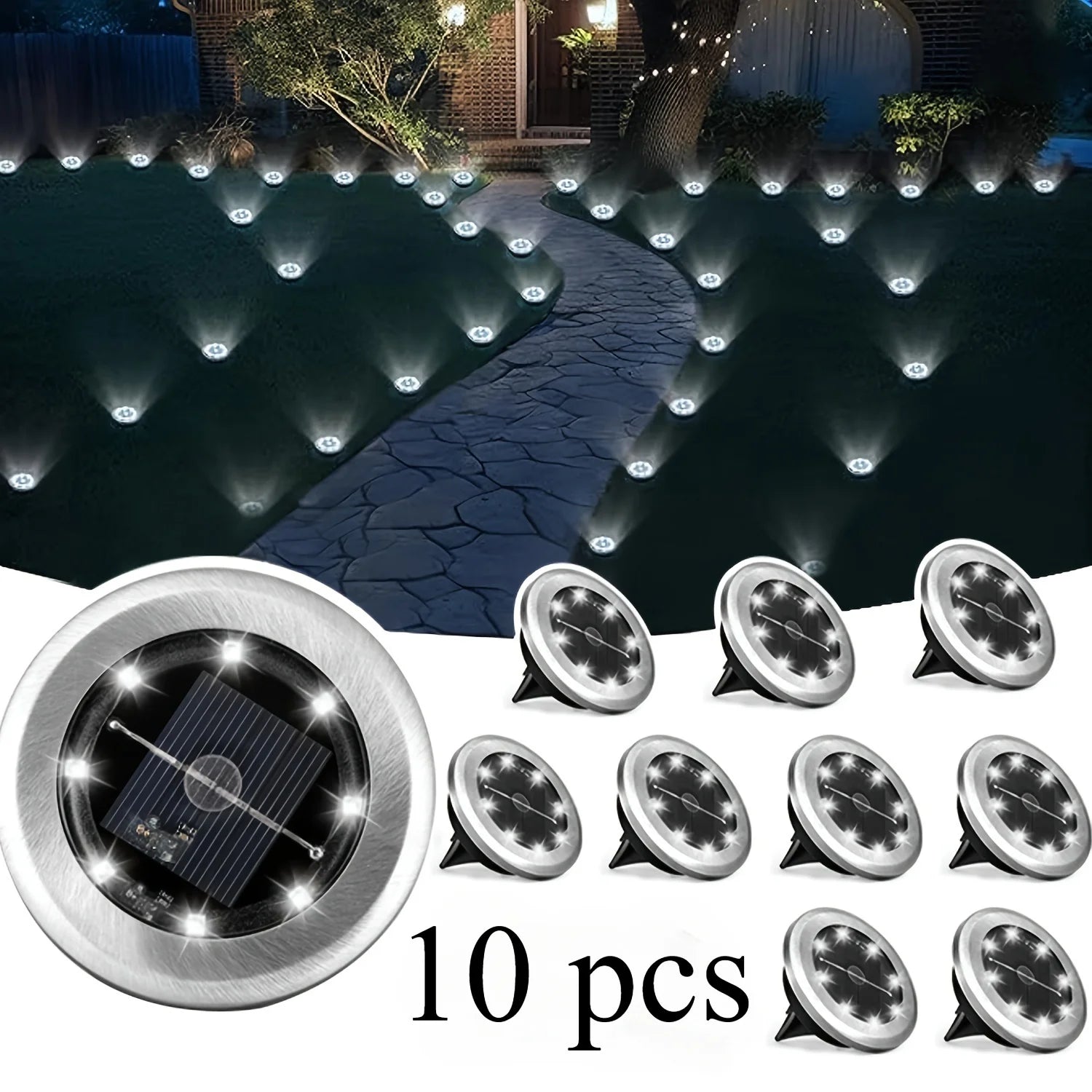 10pcs Solar Ground Light Outdoor Waterproof 8LED Disk Light for Garden Pathway, Yard, Driveway, Landscape Decorative In-ground Lamp