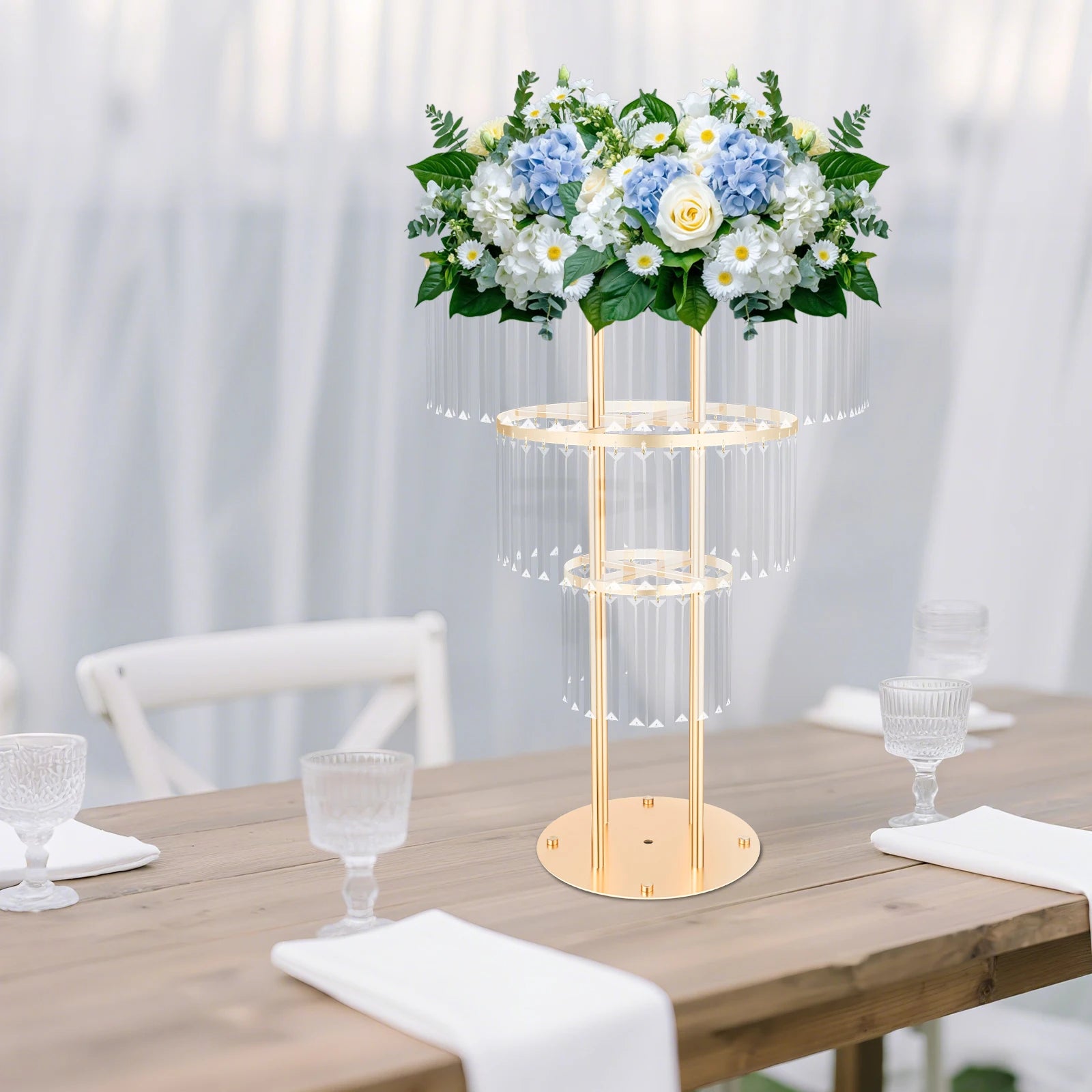 3 Tiers Crystal Wedding Flower Stand 50*90cm,Centerpieces Vases with Clear Crystal Pendants,for Wedding Events/Birthday Party/ Home Decor