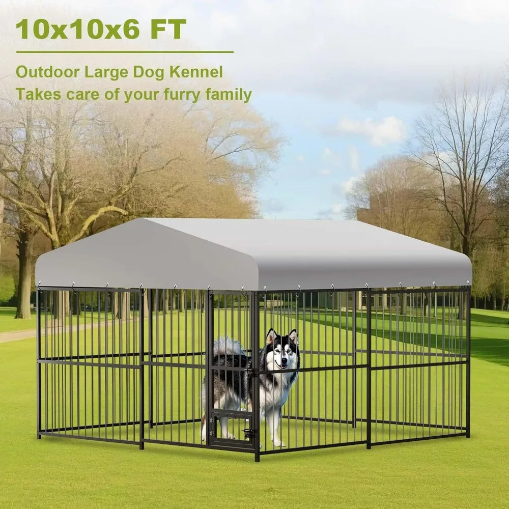Large Outdoor Dog Kennel with 10x10x6 Dimensions, Durable Roof for Heavy-Duty Use, UV-Protected Waterproof Cover
