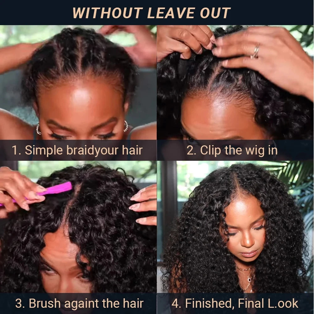 Kinky Curly V Part Wig Human Hair No Leave Out Thin Part Malaysian Hair Wigs for Women 250 Density Afro Curly V/U Part Wig 100%