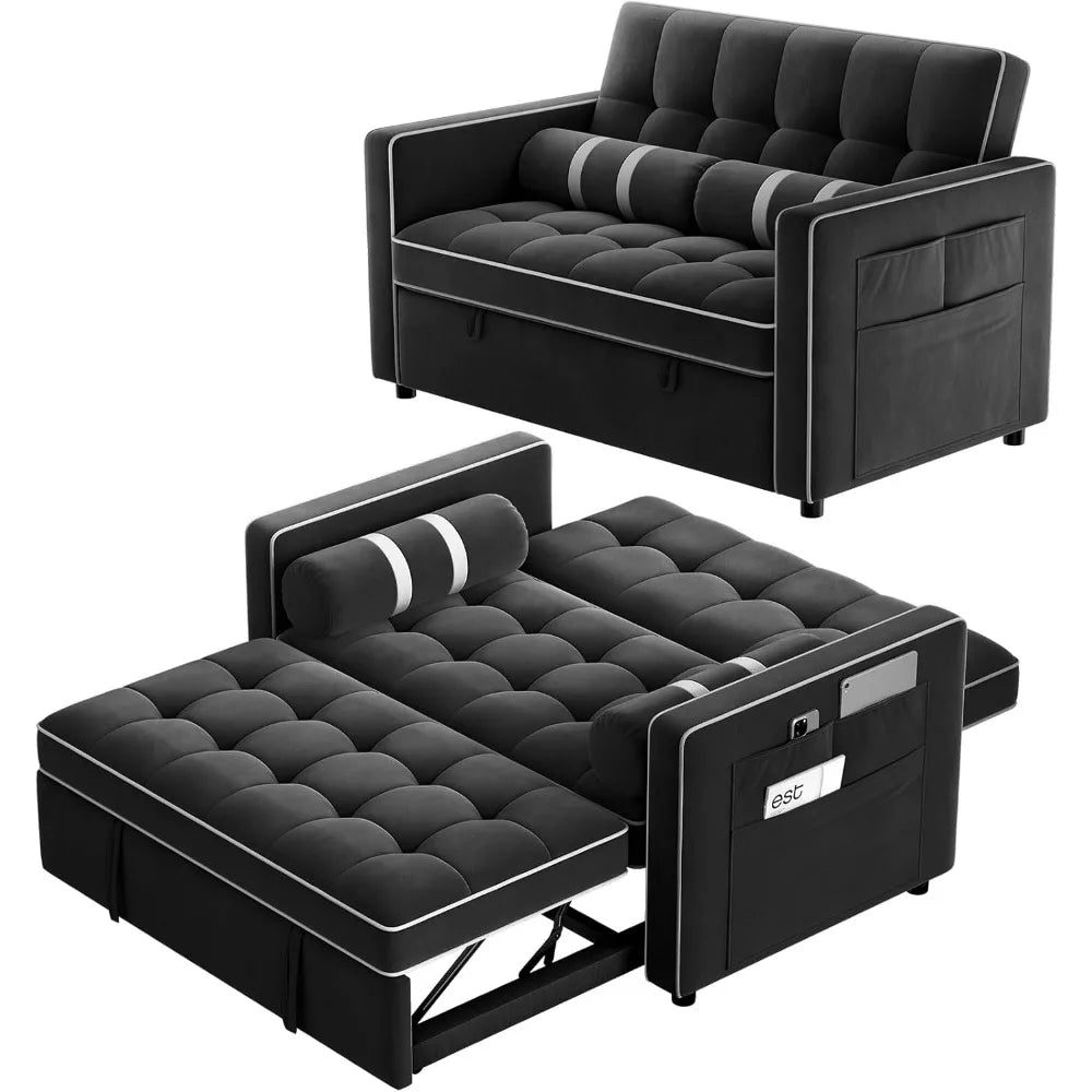 3 in 1 Convertible Sleeper Sofa Bed, Pull Out Couch for Living Room with USB Ports & Side Pockets, Adjustable Backrest ,Velvet